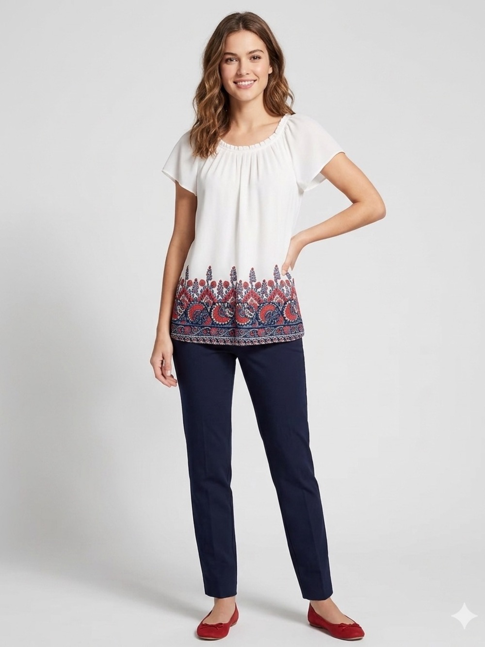 LOFT White Short-Sleeve Top with Red & Navy Border Print